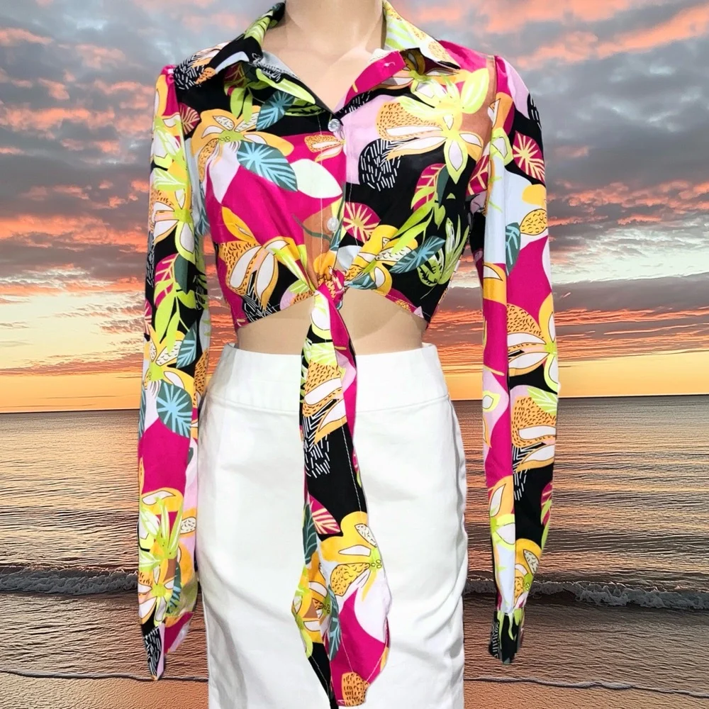 Metamorphosis Girl Tropical Floral Crop Top Blouse Long Sleeve Button Up Sz M
